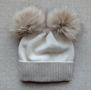 Cozy White and Tan Kids Pom-Pom Beanie